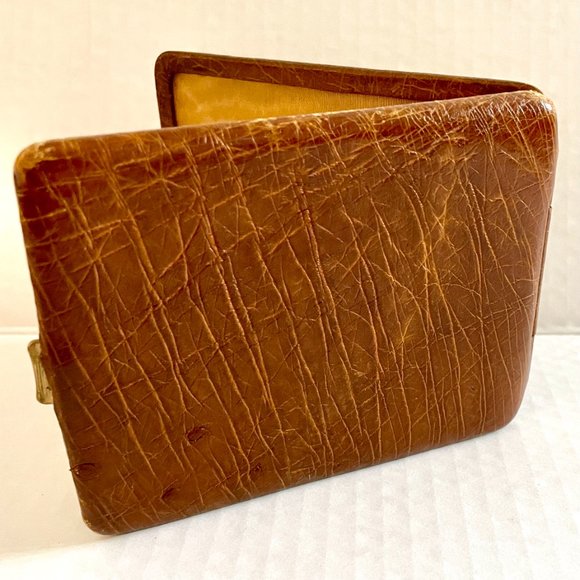 Vintage Genuine Ostrich Bifold Card Case Wallet 14K Gold Engraved - Picture 8 of 12